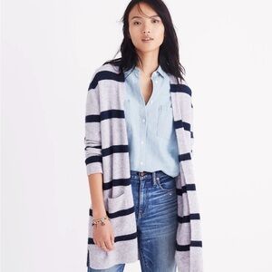 Madewell Medium XS Striped Kent Cardigan Merino Wool Stripe Sweater Gray Blue